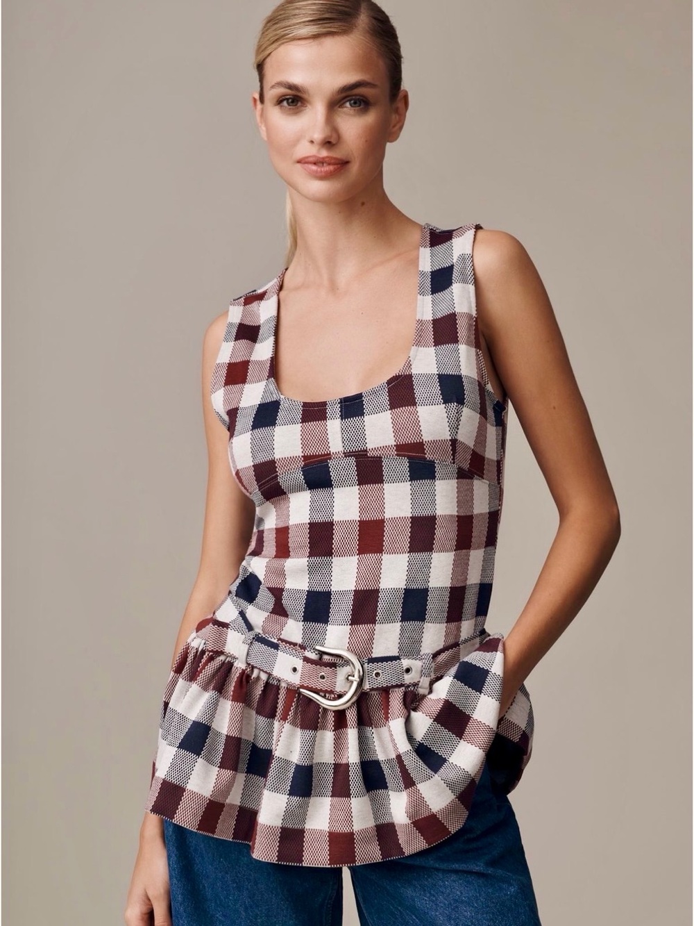 Anthropologie Belted Checked Peplum Top NEW